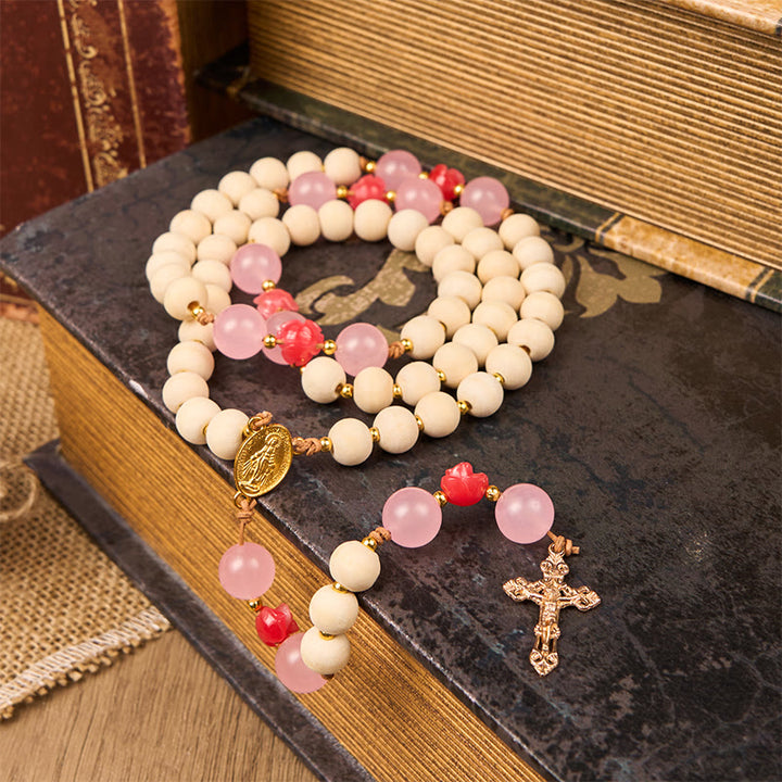 Christianartworkshop Medaglia miracolosa e crocifisso di grani di preghiera in legno naturale da 10 mm Rosario fatto a mano - Medaglia miracolosa e crocifisso - image 0