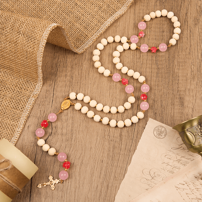 Christianartworkshop Medaglia miracolosa e crocifisso di grani di preghiera in legno naturale da 10 mm Rosario fatto a mano - image 1