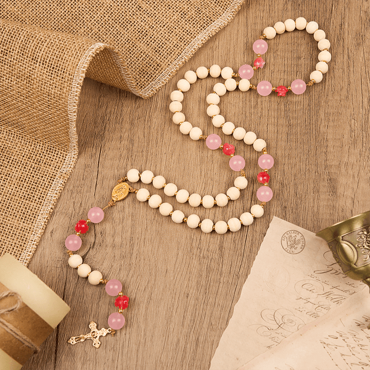 Christianartworkshop Medaglia miracolosa e crocifisso di grani di preghiera in legno naturale da 10 mm Rosario fatto a mano - image 1