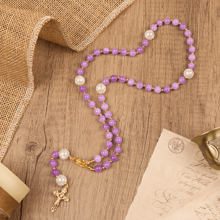 Christianartworkshop Medaglia miracolosa e crocifisso di perle rotonde viola da 8 mm Rosario fatto a mano - Viola - image 0