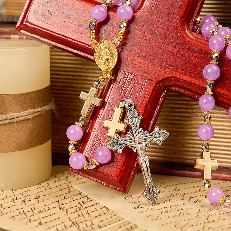 Christianartworkshop Medaglia miracolosa e crocifisso di 8 mm di perle di lavanda squisite, rosario fatto a mano - image 4