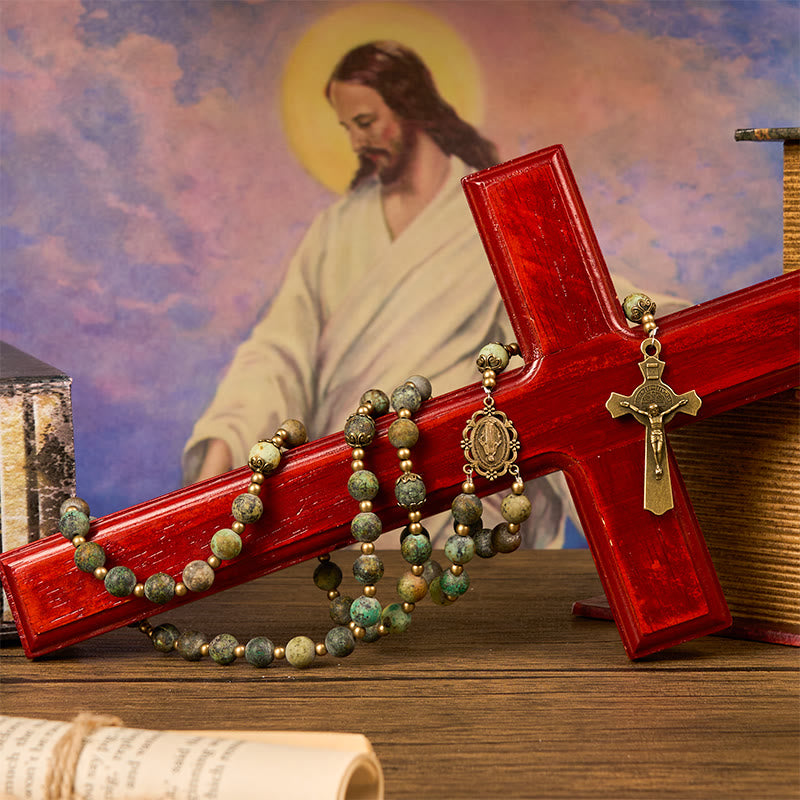 Christianartworkshop Medaglia miracolosa in stile retrò e crocifisso in turchese africano opaco da 8 mm, rosario fatto a mano - image 6