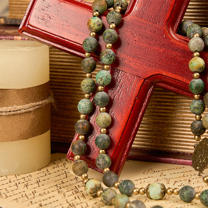 Christianartworkshop Medaglia miracolosa in stile retrò e crocifisso in turchese africano opaco da 8 mm, rosario fatto a mano - image 3