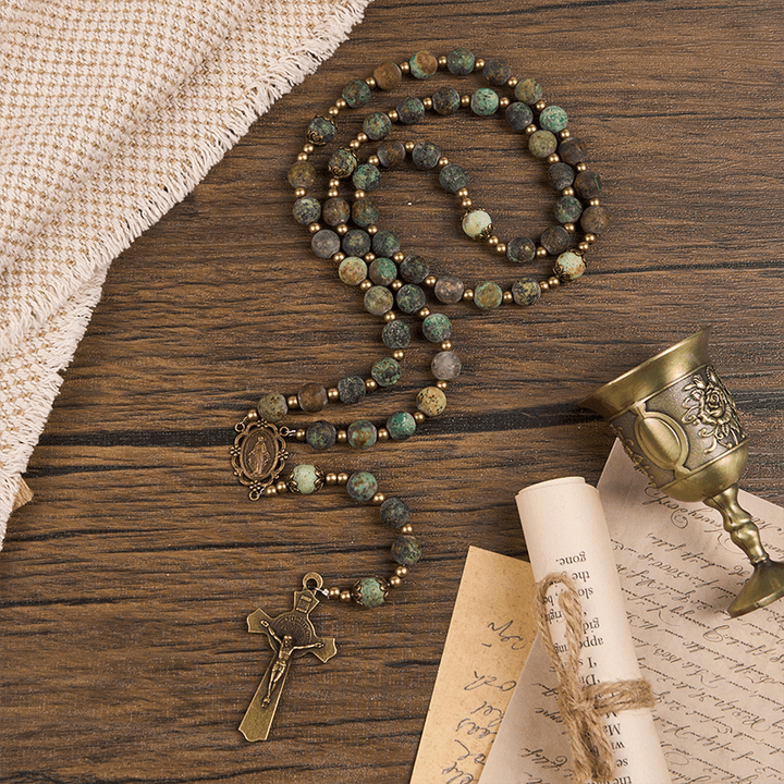 Christianartworkshop Medaglia miracolosa in stile retrò e crocifisso in turchese africano opaco da 8 mm, rosario fatto a mano - Turchese africano opaco - image 0
