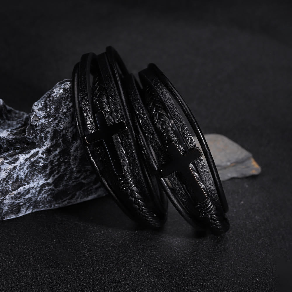 Bracciale con fascia a forma di croce in pelle nera Christianartworkshop - image 3