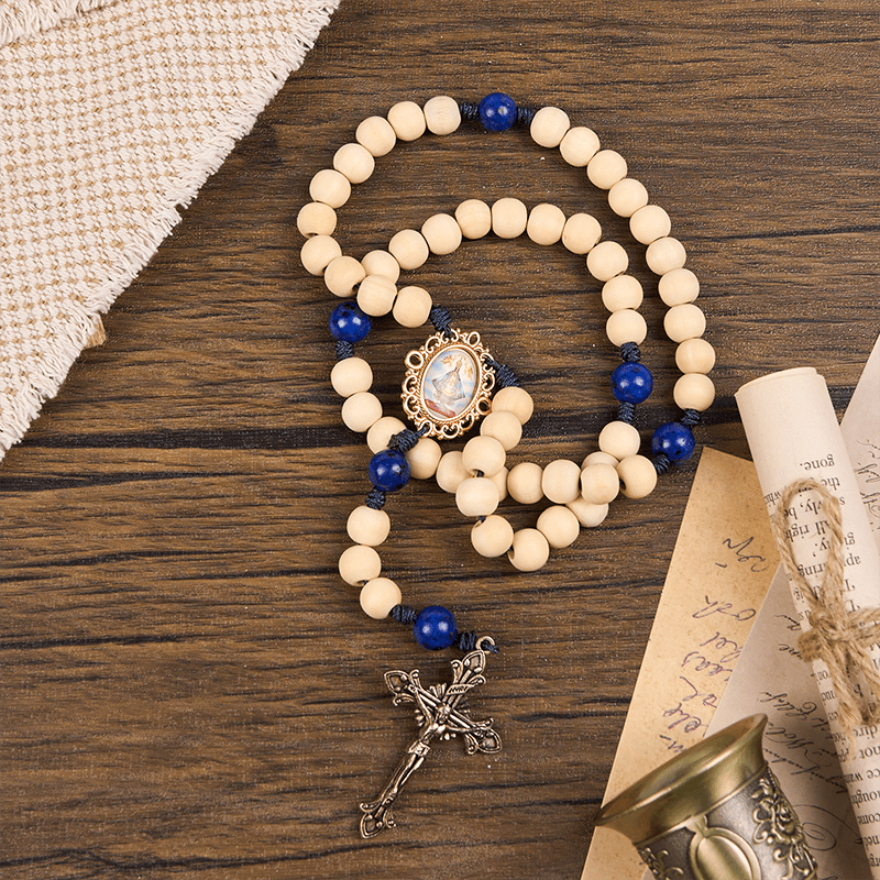 Christianartworkshop FEDE IN PREGHIERA: Rosario con perline di legno fatte a mano da 10 mm e perline di lapislazzuli - image 8