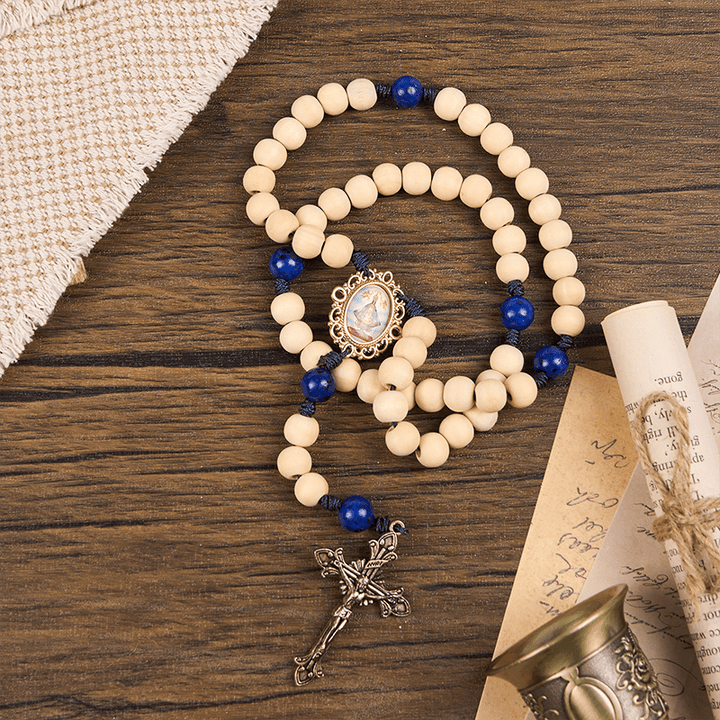Christianartworkshop Madonna e Crocifisso di perline di legno fatte a mano da 10 mm Rosario di perline di lapislazzuli Padre Nostro - image 7