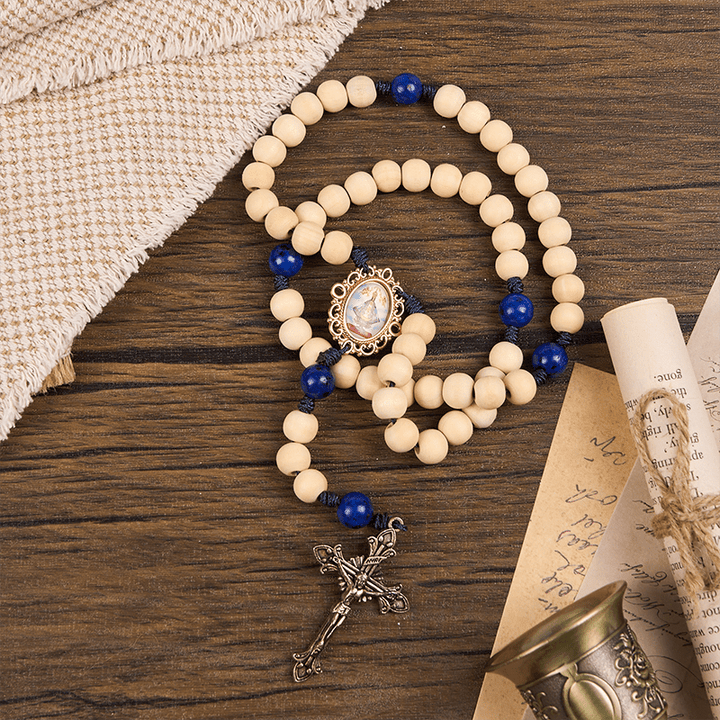 Christianartworkshop Madonna e Crocifisso di perline di legno fatte a mano da 10 mm Rosario di perline di lapislazzuli Padre Nostro - image 2
