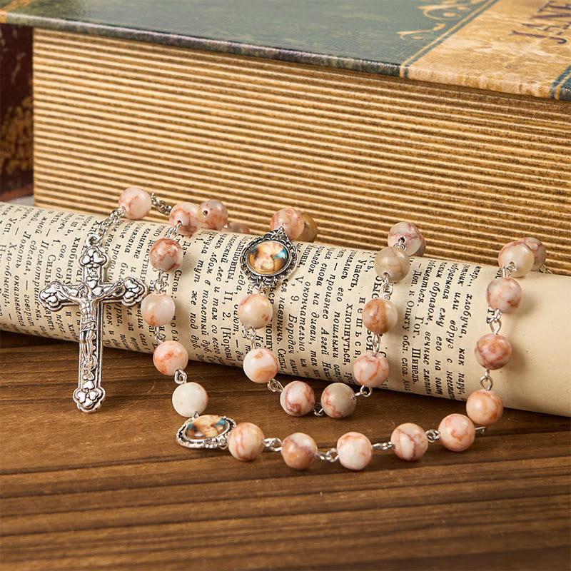 Christianartworkshop Nostra Signora prega per noi e crocifisso di rosario in pietra rossa da 8 mm - image 1