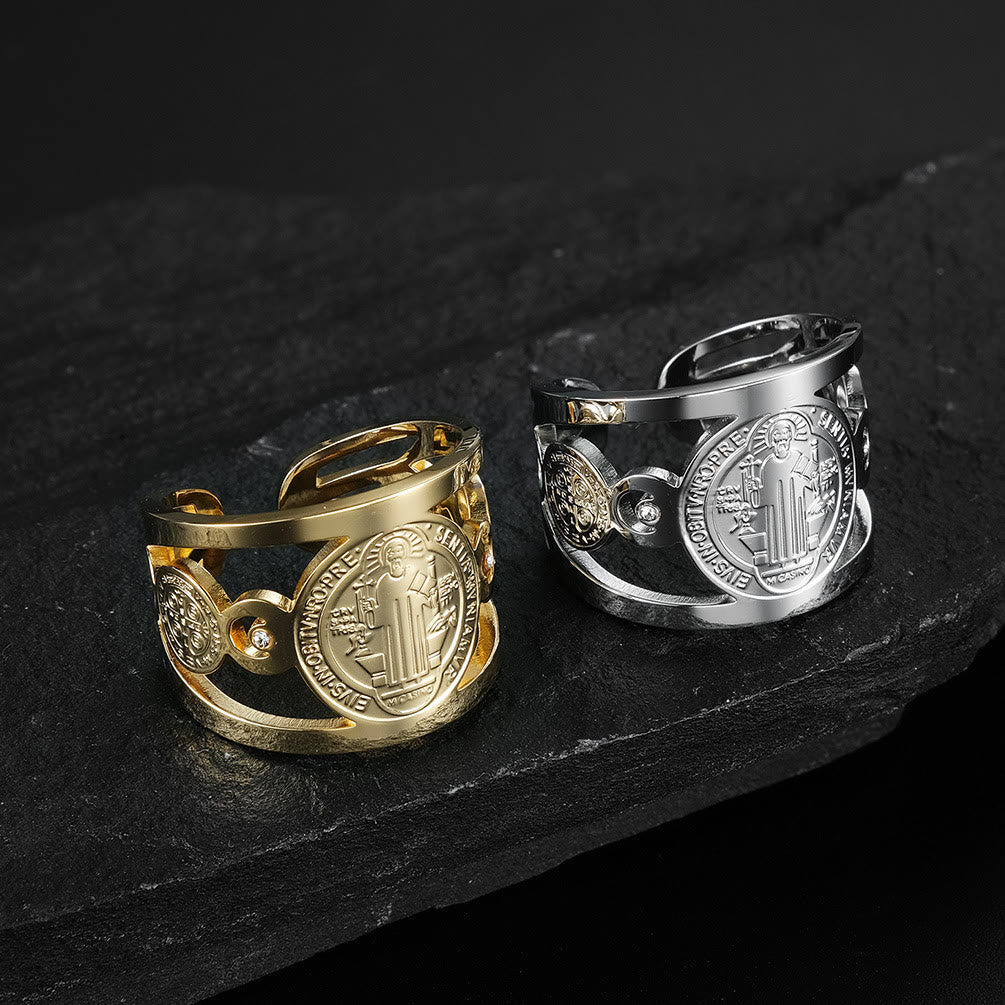 Christianartworkshop Anello di San Benedetto - Protezione divina e benedizioni eterne - D'oro - Regolabile - image 0