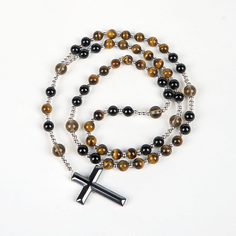 Collana del rosario in ossidiana naturale con occhio di tigre Christianartworkshop - Rosario di protezione con croce in pietra di ematite - image 6