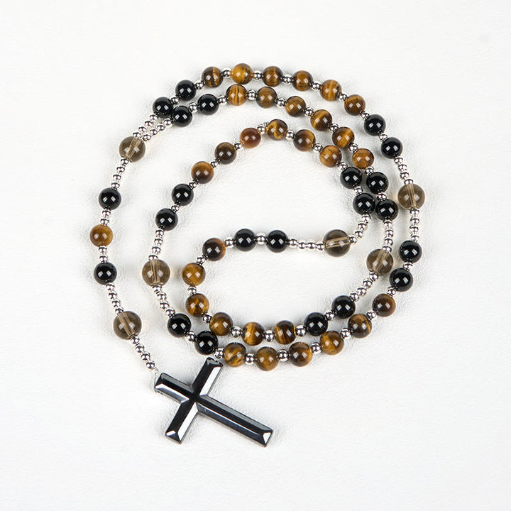 Collana del rosario in ossidiana naturale con occhio di tigre Christianartworkshop - Rosario di protezione con croce in pietra di ematite - image 6
