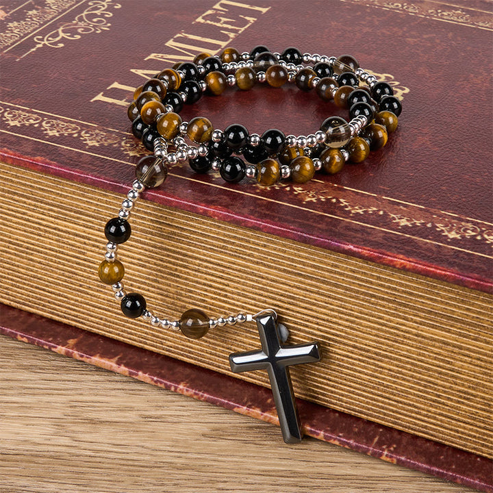 Collana del rosario in ossidiana naturale con occhio di tigre Christianartworkshop - Rosario di protezione con croce in pietra di ematite - image 1