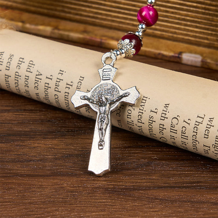 Christianartworkshop Medaglia miracolosa e crocifisso di perle di pietra preziosa occhio di tigre rosa da 8 mm Rosario - image 5