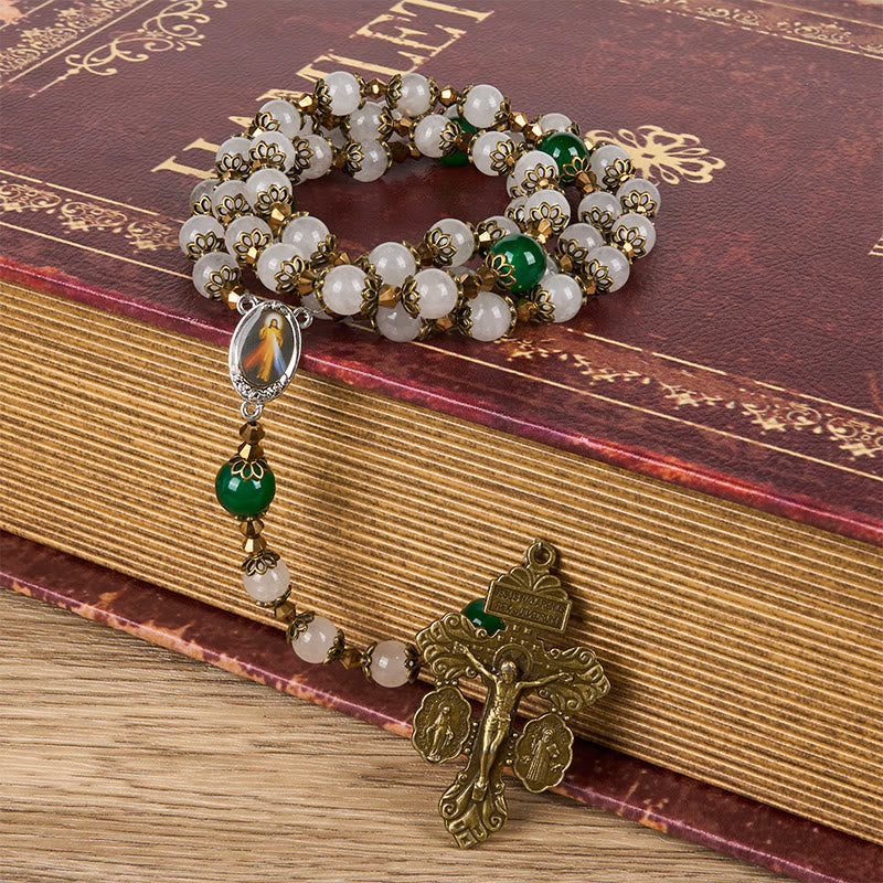 Christianartworkshop Rosario da preghiera in stile vintage con crocifisso di Gesù della Divina Misericordia e del Perdono, con grani di pietra da 8 mm - image 1