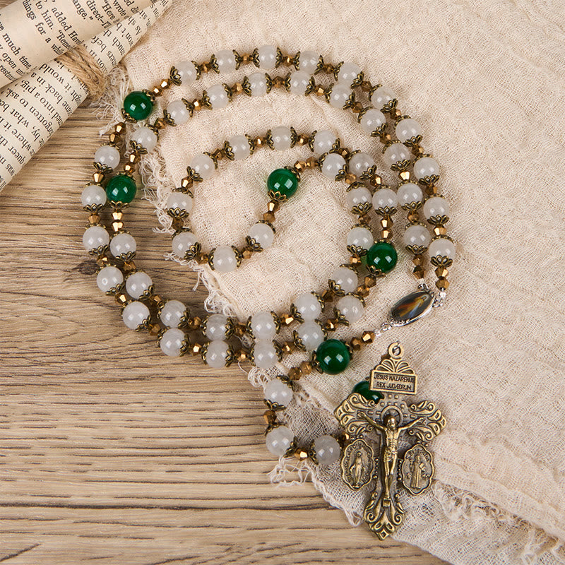 Christianartworkshop Rosario da preghiera in stile vintage con crocifisso di Gesù della Divina Misericordia e del Perdono, con grani di pietra da 8 mm - Gesù della Divina Misericordia e Crocifisso del Perdono - image 0