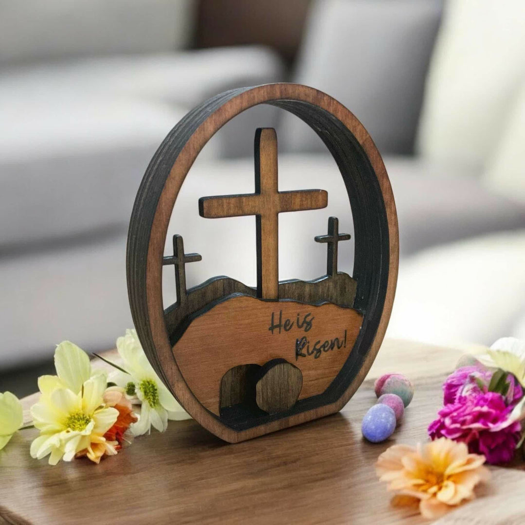 Christianartworkshop Decorazione pasquale da tavolo in legno "He is Risen" - Celebra la Resurrezione - image 2