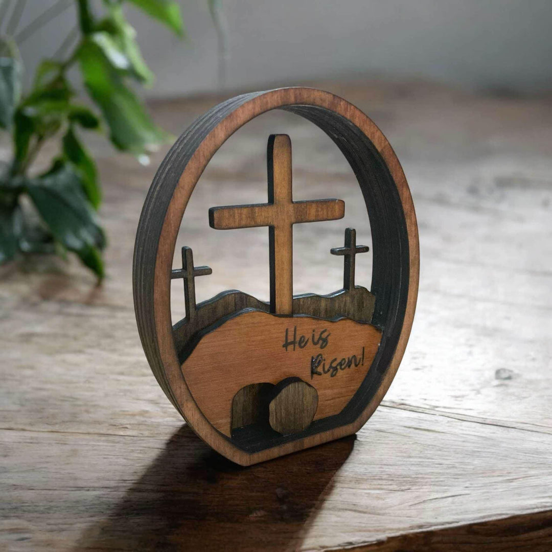 Christianartworkshop Decorazione pasquale da tavolo in legno "He is Risen" - Celebra la Resurrezione - Lui è risorto - image 0