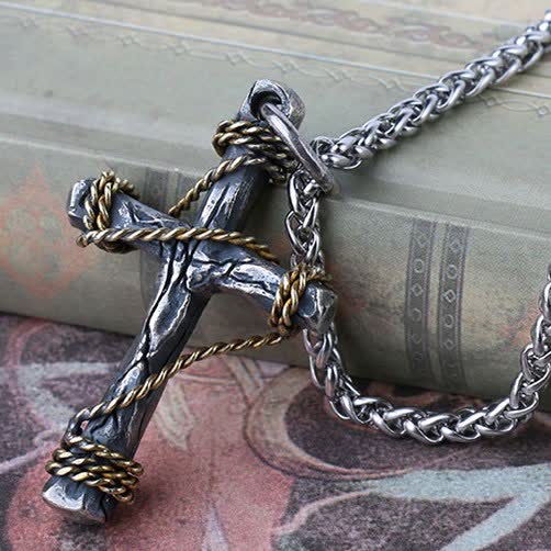 Christianartworkshop Squisita collana con croce forgiata in argento sterling 925 e corda in ottone - Argento Sterling 925 (solo pendente) - image 0