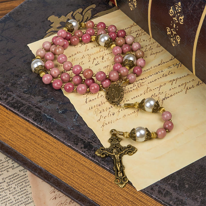 Christianartworkshop Medaglia miracolosa e crocifisso in pietra naturale venata di legno rosso da 8 mm, rosario fatto a mano - image 12