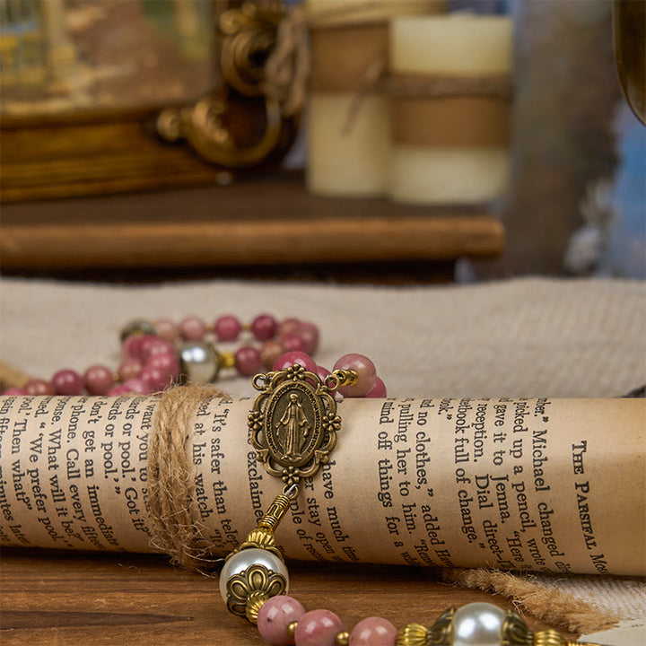 Christianartworkshop Medaglia miracolosa e crocifisso in pietra naturale venata di legno rosso da 8 mm, rosario fatto a mano - image 8