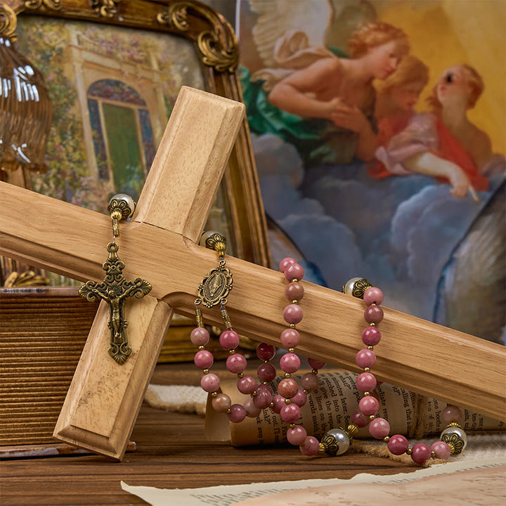 Christianartworkshop Medaglia miracolosa e crocifisso in pietra naturale venata di legno rosso da 8 mm, rosario fatto a mano - image 11