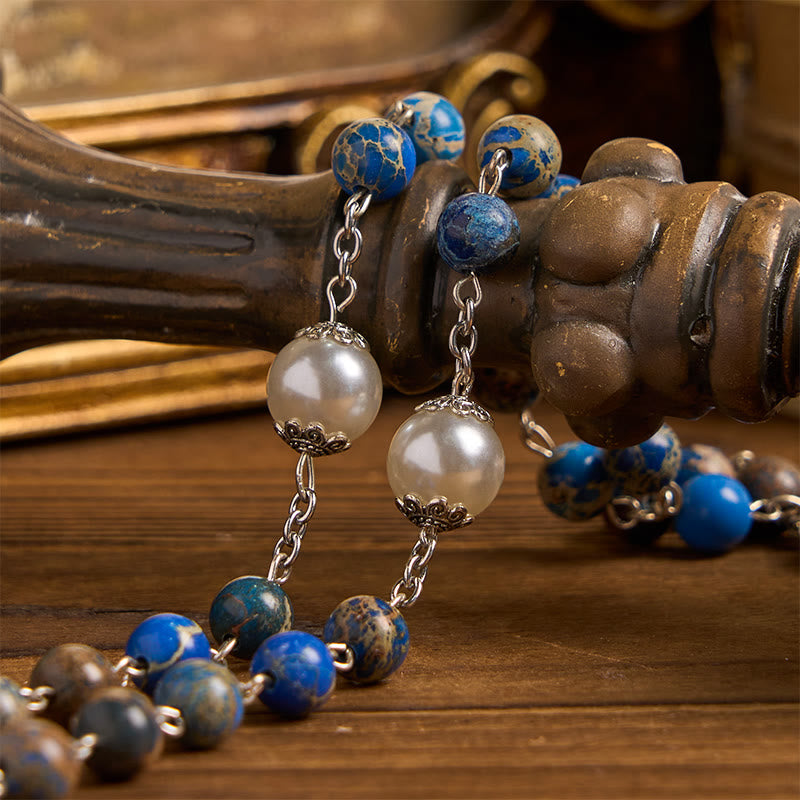 Christianartworkshop Medaglia miracolosa e crocifisso in pietra imperiale blu scuro da 8 mm Rosario fatto a mano per la preghiera quotidiana - image 8