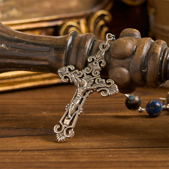 Christianartworkshop Medaglia miracolosa e crocifisso in pietra imperiale blu scuro da 8 mm Rosario fatto a mano per la preghiera quotidiana - image 7