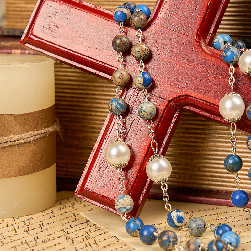 Christianartworkshop Medaglia miracolosa e crocifisso in pietra imperiale blu scuro da 8 mm Rosario fatto a mano per la preghiera quotidiana - image 12