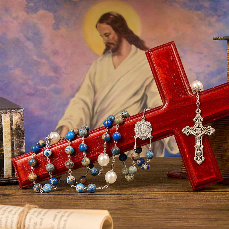 Christianartworkshop Medaglia miracolosa e crocifisso in pietra imperiale blu scuro da 8 mm Rosario fatto a mano per la preghiera quotidiana - image 15