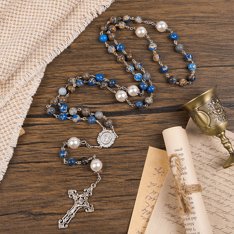 Christianartworkshop Medaglia miracolosa e crocifisso in pietra imperiale blu scuro da 8 mm Rosario fatto a mano per la preghiera quotidiana - image 14