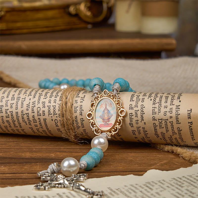 Christianartworkshop Rosario fatto a mano con perline di sabbia in vetro scintillante da 8 mm raffigurante la Madonna e il Crocifisso - image 10