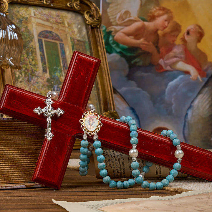 Christianartworkshop Rosario fatto a mano con perline di sabbia in vetro scintillante da 8 mm raffigurante la Madonna e il Crocifisso - image 6