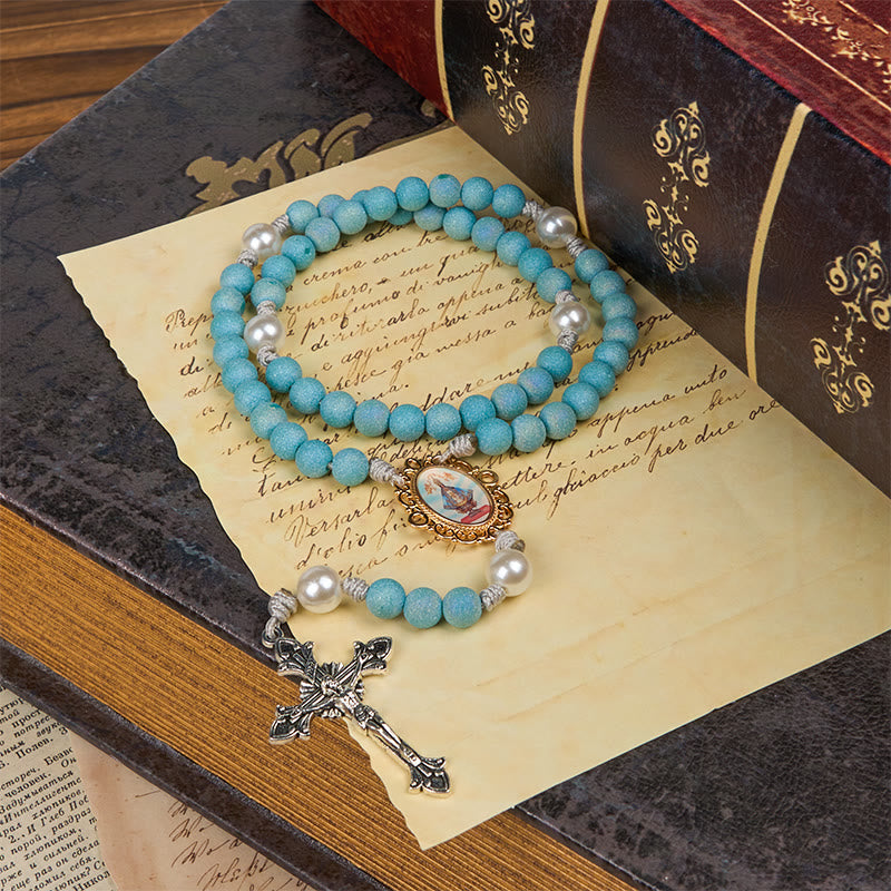 Christianartworkshop Rosario fatto a mano con perline di sabbia in vetro scintillante da 8 mm raffigurante la Madonna e il Crocifisso - image 5