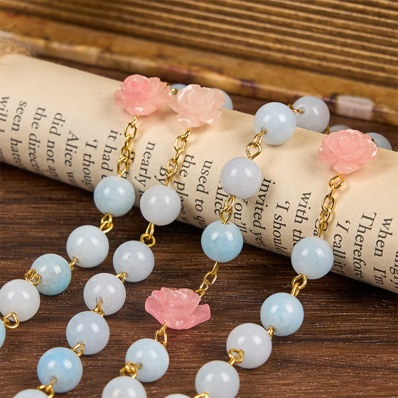 Christianartworkshop Rosario fatto a mano con perle di calcedonio blu acquamarina da 8 mm e crocifisso della Madonna di Guadalupe - image 8