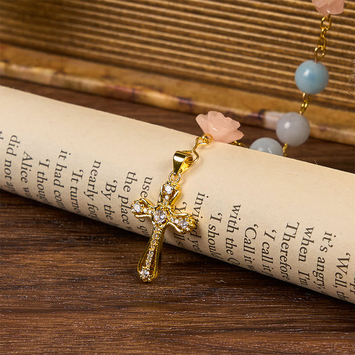 Christianartworkshop Rosario fatto a mano con perle di calcedonio blu acquamarina da 8 mm e crocifisso della Madonna di Guadalupe - image 6