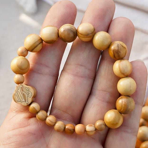 Christianartworkshop Bracciale in legno d'ulivo Rosario rosa Bracciale elastico portatile - image 8