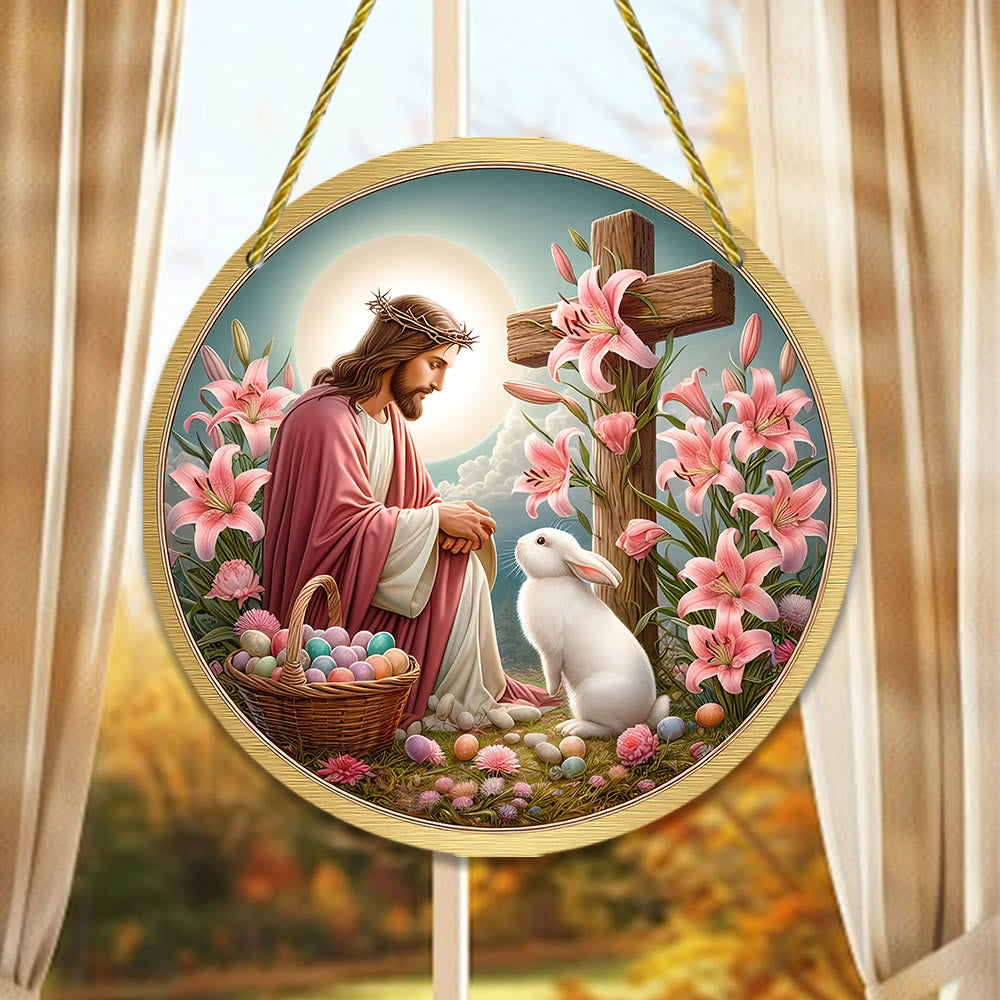 Christianartworkshop Resurrezione e vitalità: Gesù e coniglietto pasquale, ciondolo decorativo da appendere alla parete - Gesù e il coniglietto - image 0