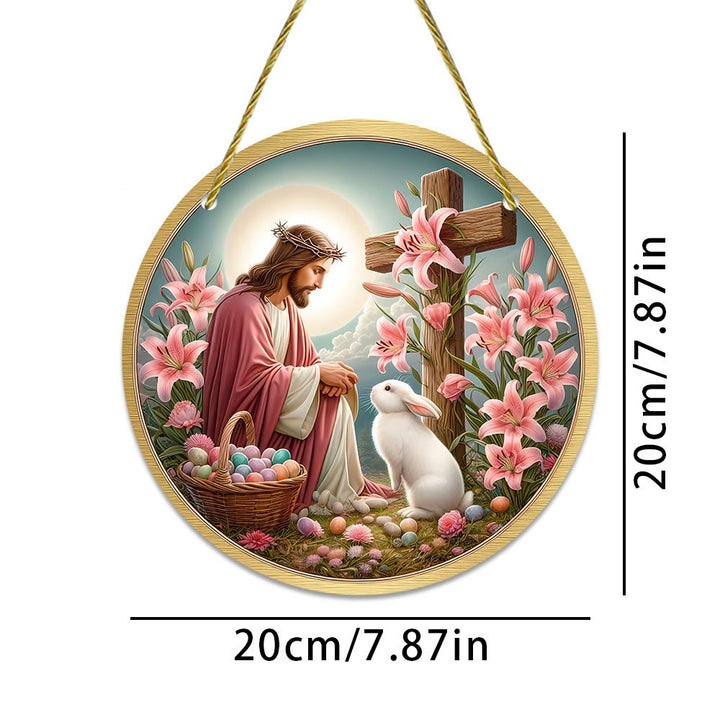 Christianartworkshop Resurrezione e vitalità: Gesù e coniglietto pasquale, ciondolo decorativo da appendere alla parete - image 1