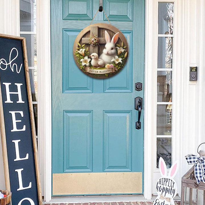 Christianartworkshop Coniglietto pasquale e croce, ornamento da giardino in legno da appendere alla benedizione pasquale - image 4