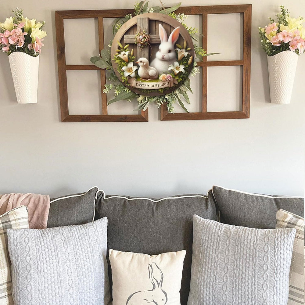 Christianartworkshop Coniglietto pasquale e croce, ornamento da giardino in legno da appendere alla benedizione pasquale - image 1