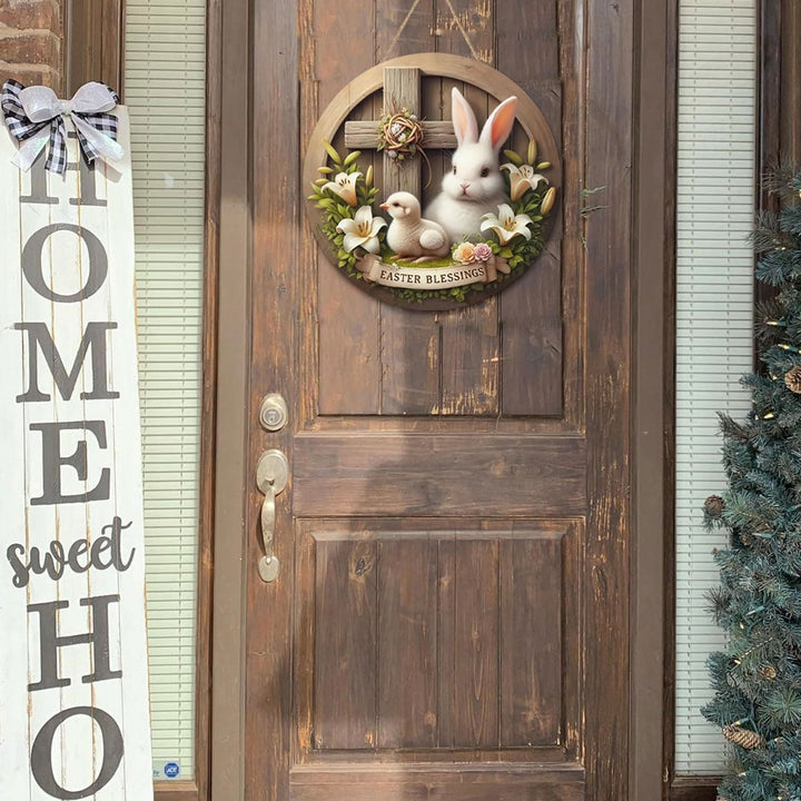 Christianartworkshop Coniglietto pasquale e croce, ornamento da giardino in legno da appendere alla benedizione pasquale - image 5