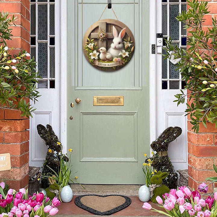 Christianartworkshop Coniglietto pasquale e croce, ornamento da giardino in legno da appendere alla benedizione pasquale - image 2