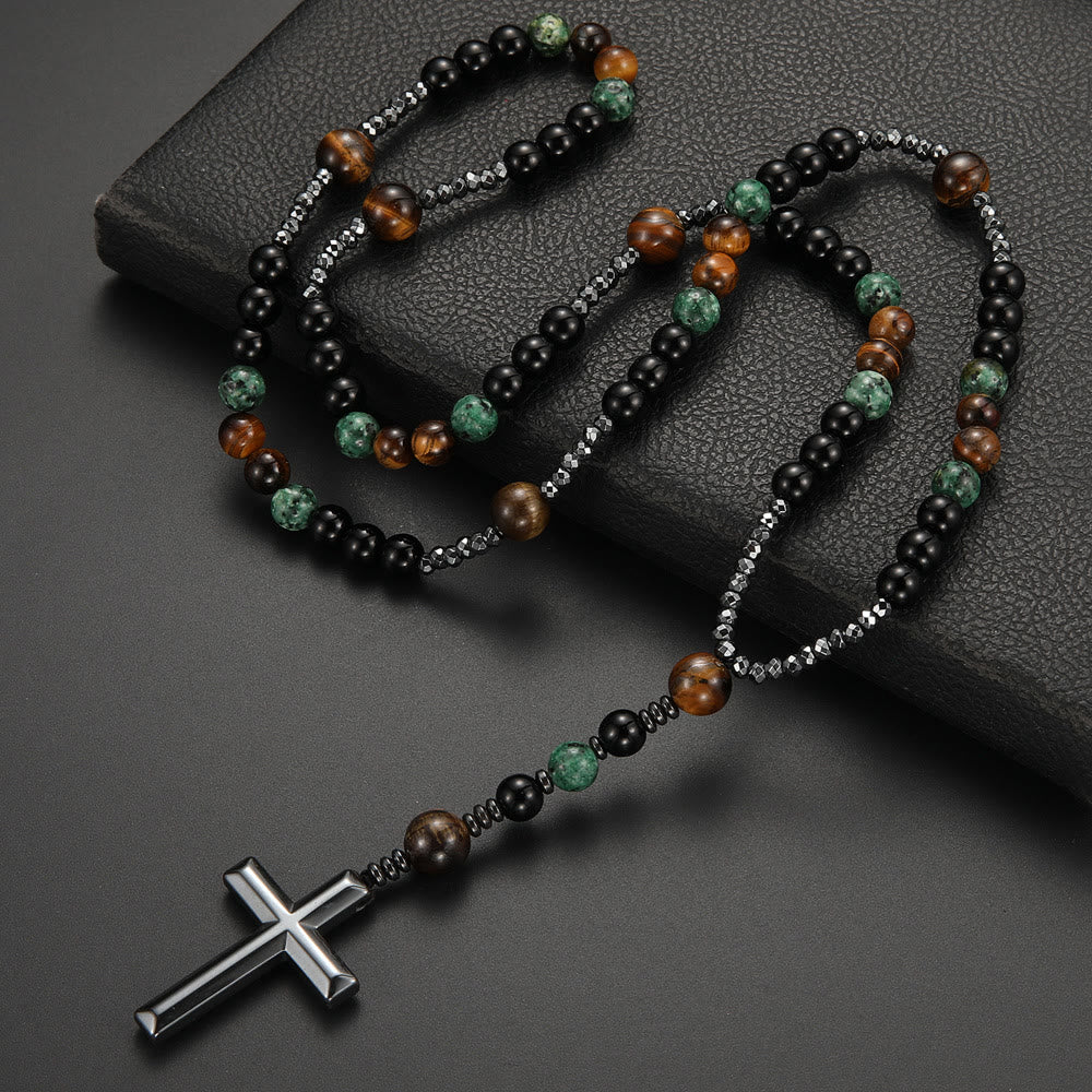 Rosario di preghiera Christianartworkshop da 8 mm con turchese africano e pietra occhio di tigre gialla. - Turchese africano e occhio di tigre giallo - image 0