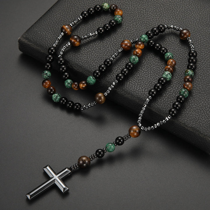 Rosario di preghiera Christianartworkshop da 8 mm con turchese africano e pietra occhio di tigre gialla. - Turchese africano e occhio di tigre giallo - image 0