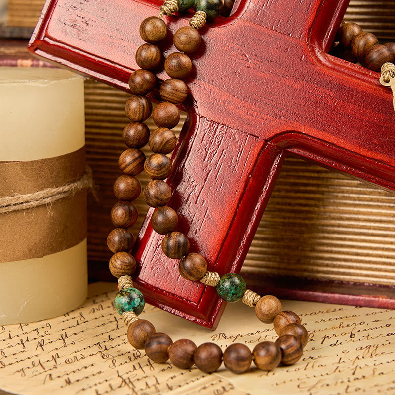 Christianartworkshop Sacra Famiglia e Crocifisso in legno di pino fatto a mano da 8 mm e rosario in turchese africano - image 9