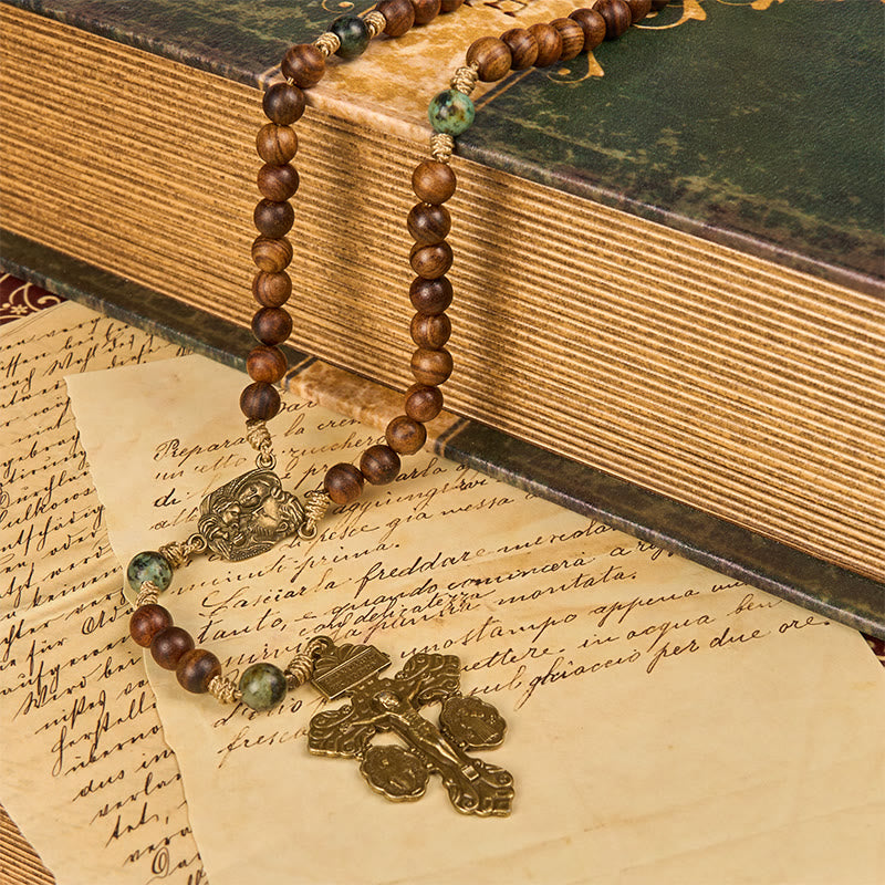 Christianartworkshop Sacra Famiglia e Crocifisso in legno di pino fatto a mano da 8 mm e rosario in turchese africano - image 11