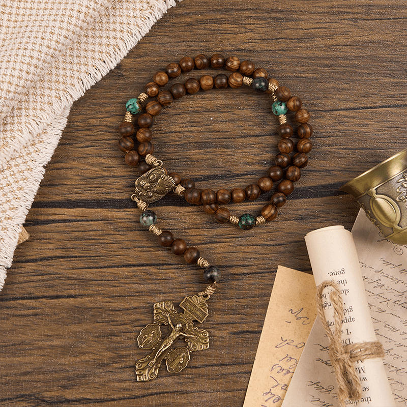 Christianartworkshop Sacra Famiglia e Crocifisso in legno di pino fatto a mano da 8 mm e rosario in turchese africano - image 3