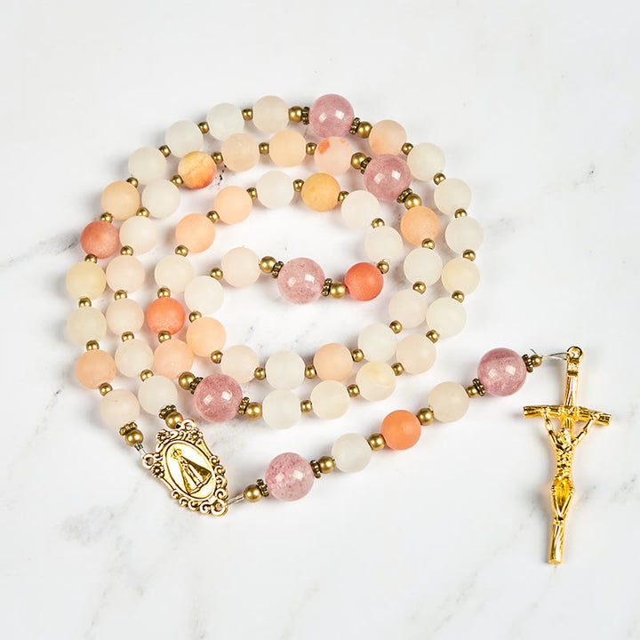 Christianartworkshop Rosario fatto a mano con la Madonna e il Crocifisso in avventurina rosa e quarzo fragola da 8 mm - image 4
