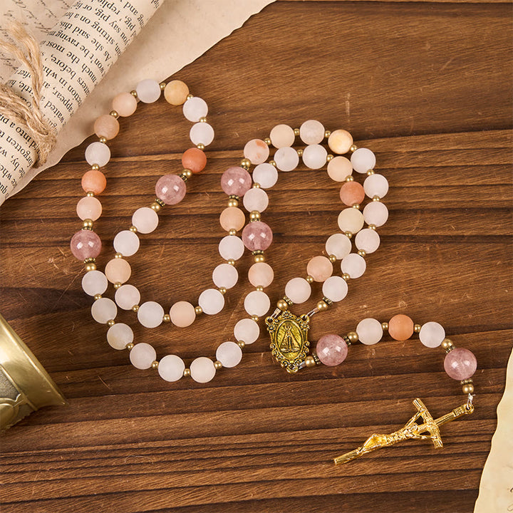 Christianartworkshop Rosario fatto a mano con la Madonna e il Crocifisso in avventurina rosa e quarzo fragola da 8 mm - image 8